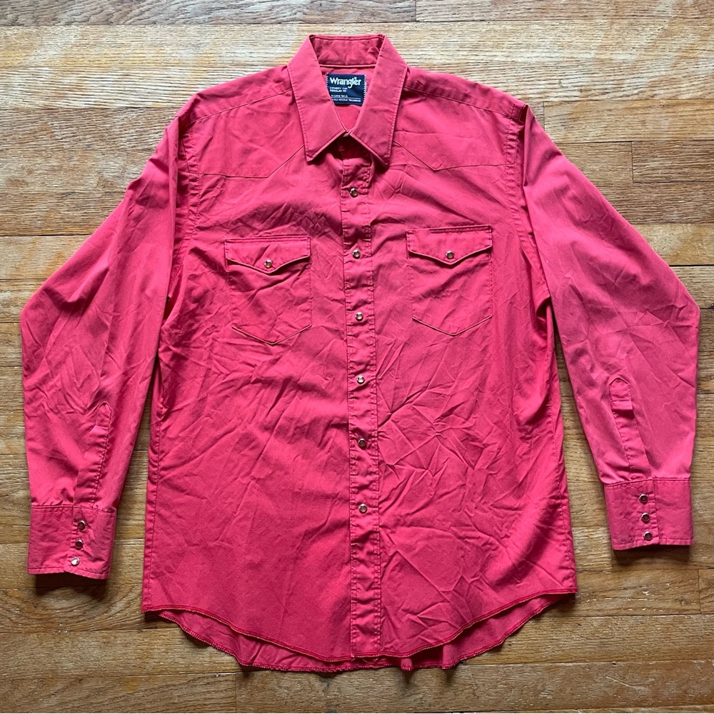 Vintage 90s Red Wrangler Faux-Pearl Snap Cowboy Cut X-Long Tails Collar Large L